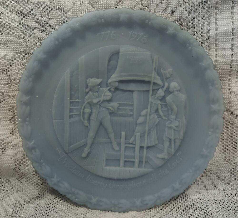 Fenton Bicentennial Commemorative Plate Blue Satin Glass Liberty Bell